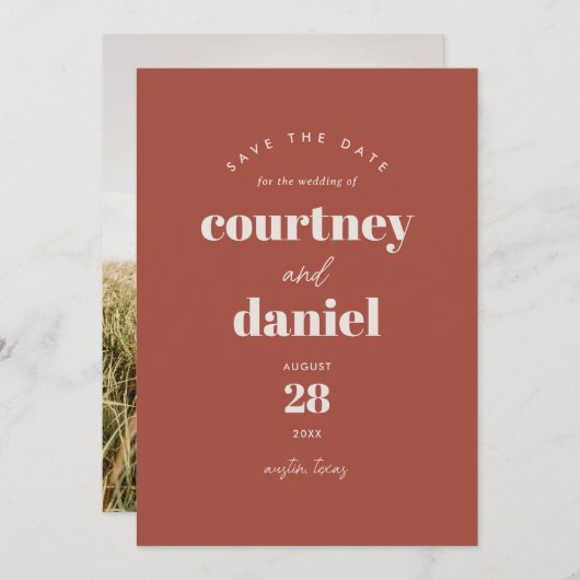 Moderne Rust Trendy Foto Bewaar de Datum Save The Date (Voorkant / Achterkant)