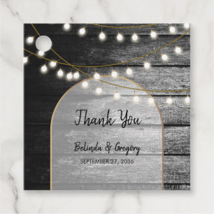 Moderne Rustic Black Wood Gold Lights Bigding Bedankjes Labels
