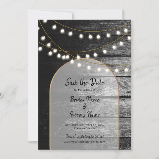Moderne Rustic Black Wood Gold Lights Bigding Save The Date (Voorkant)