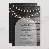 Moderne Rustic Black Wood Gold Lights Bigding Save The Date (Voorkant / Achterkant)