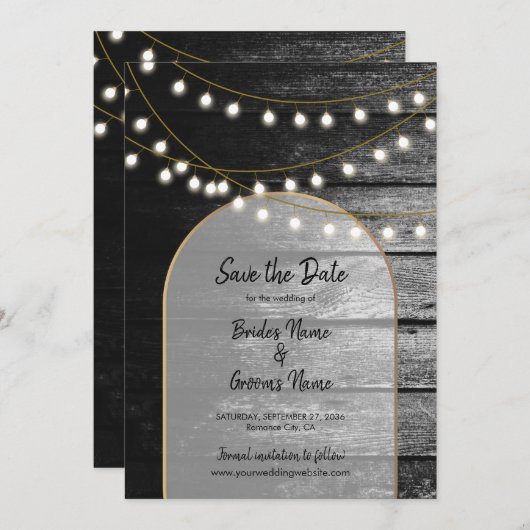Moderne Rustic Black Wood Gold Lights Bigding Save The Date (Voorkant / Achterkant)
