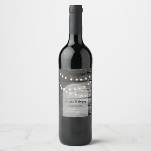 Moderne Rustic Black Wood Gold Lights Bigding Wijn Etiket (Voorkant)
