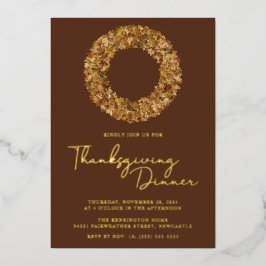 Moderne Rustic Brown Gold Foil Thanksgiving Wreate Folie Uitnodiging