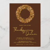 Moderne Rustic Brown Gold Foil Thanksgiving Wreate Folie Uitnodiging (Voorkant)