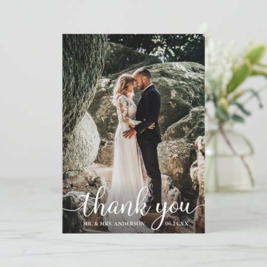 Moderne Rustic Calligraphy Script Weddenfoto Bedankkaart (Staand voorkant)