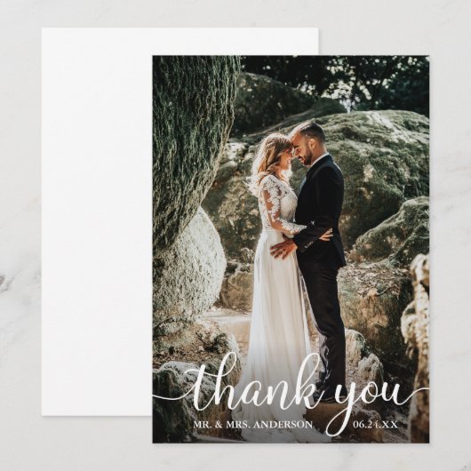 Moderne Rustic Calligraphy Script Weddenfoto Bedankkaart (Voorkant / Achterkant)