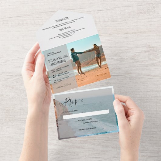 Moderne Rustic Destination Beach Wedding 3 Foto All In One Uitnodiging (Afscheurbaar)