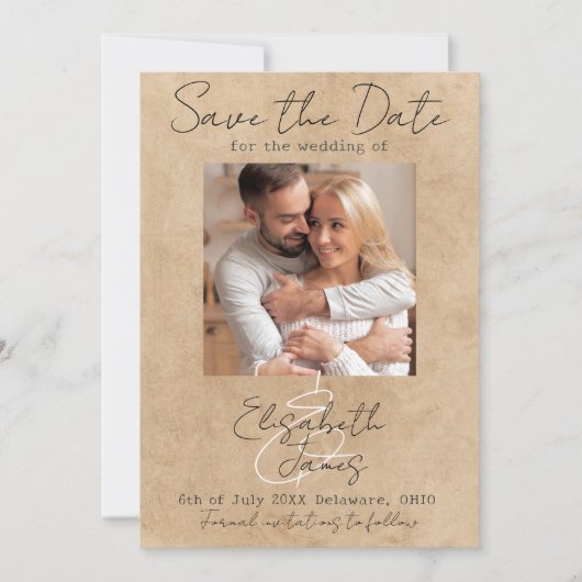 Moderne Rustic Elegant Script White Grey Voeg Foto Save The Date (Voorkant)