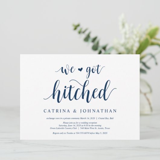 Moderne Rustic, Navy Blauwe script, Trouw Elopemen Kaart (Staand voorkant)