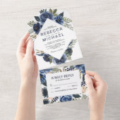 Moderne Rustic Navy Blue Waterverf Floral Wedding All In One Uitnodiging (Afscheurbaar)