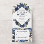 Moderne Rustic Navy Blue Waterverf Floral Wedding All In One Uitnodiging (Binnen)