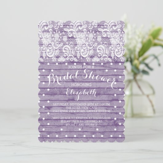 Moderne Rustic Paars Lace Bridal Shower Kaart (Staand voorkant)