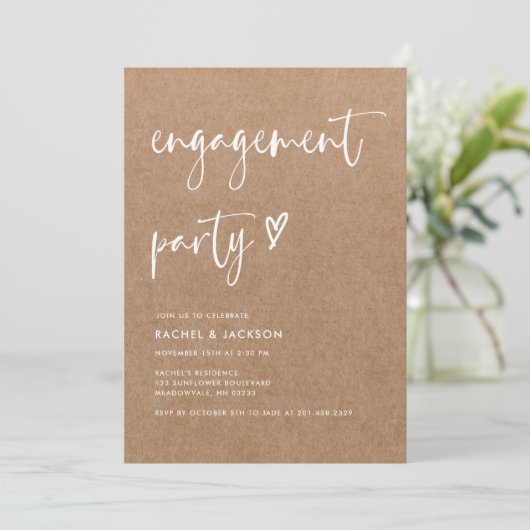 Moderne Rustic Simple Calligraphy Engagement Party Kaart (Staand voorkant)