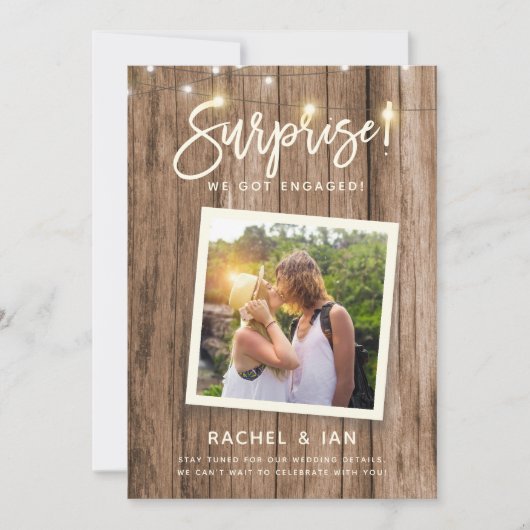 Moderne Rustic Snapshot Surprise Verloving foto Save The Date (Voorkant)