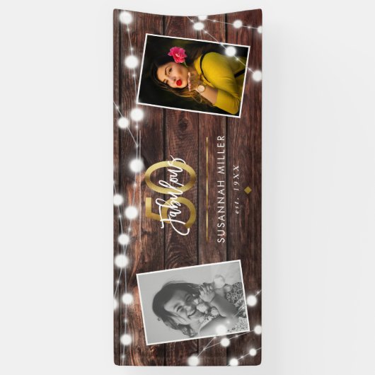 Moderne Rustic String Lights Gold Fab 50th Birthda Spandoek (Verticaal)