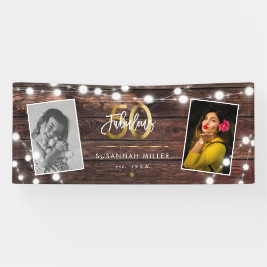 Moderne Rustic String Lights Gold Fab 50th Birthda Spandoek (Horizontaal)