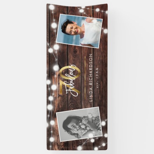 Moderne Rustic String Lights Gold Fab 70th Birthda Spandoek (Verticaal)