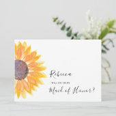 Moderne Rustic Sunflower Waterverf Maid of Honor Kaart (Staand voorkant)