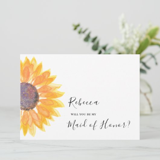Moderne Rustic Sunflower Waterverf Maid of Honor Kaart (Staand voorkant)