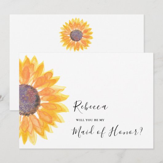 Moderne Rustic Sunflower Waterverf Maid of Honor Kaart (Voorkant / Achterkant)