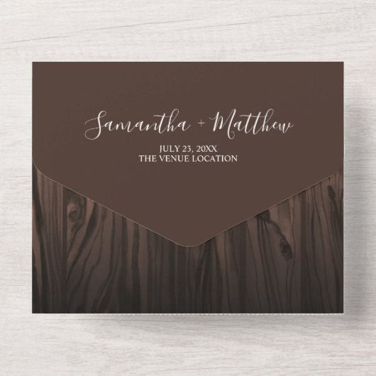 Moderne Rustic Wood buitenshuis bruiloft QR-code All In One Uitnodiging (Achterkant)