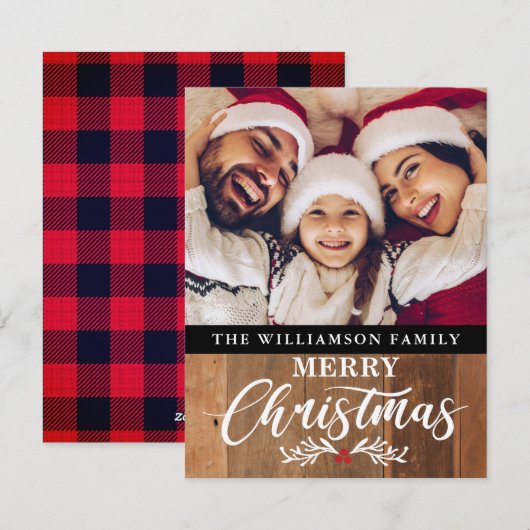 Moderne Rustic Wood Familie Foto Kerstmis Kaart (Voorkant / Achterkant)