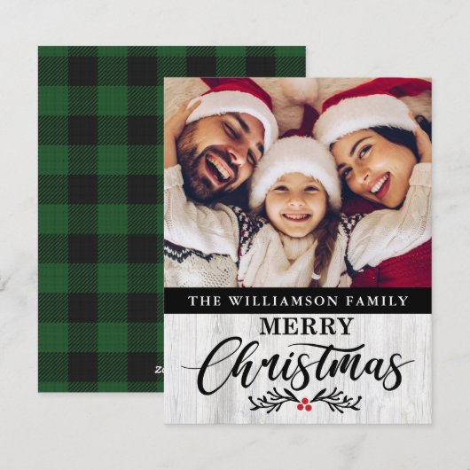 Moderne Rustic Wood Familie Foto Kerstmis Kaart (Voorkant / Achterkant)