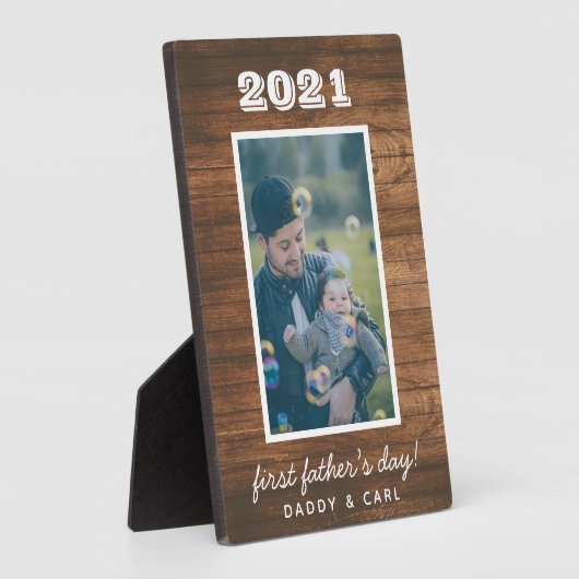 Moderne Rustic Wood First Vaderdag - Aangepaste fo Fotoplaat (Zijkant)
