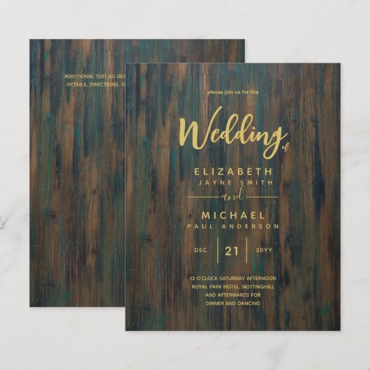 Moderne Rustic Wood Gold Budget Wedding Invites (Voorkant / Achterkant)