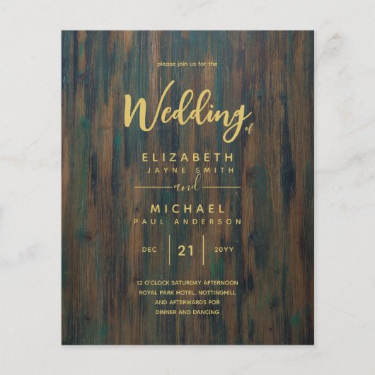 Moderne Rustic Wood Gold Budget Wedding Invites (Voorkant)