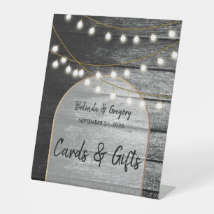 Moderne Rustic Wood Lights Wedding Cards & Gifts Reclamebord Met Voetstuk