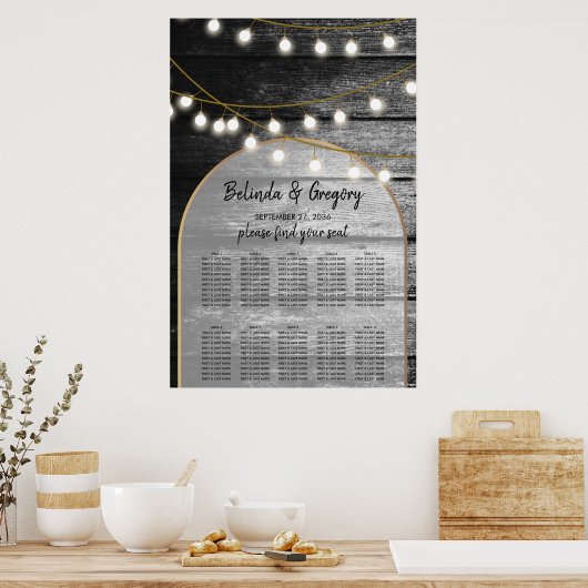Moderne Rustic Wood Lights Wedding Seating Chart Poster (Keuken)