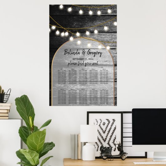 Moderne Rustic Wood Lights Wedding Seating Chart Poster (Thuiskantoor)