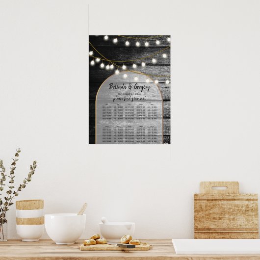 Moderne Rustic Wood Lights Wedding Seating Chart Poster (Keuken)