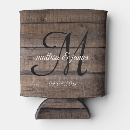 Moderne Rustic Wood Monogram-weddenschap Blikjeskoeler (Voorkant)