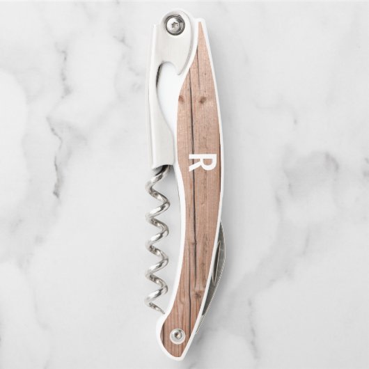 Moderne Rustic Wooden Monogram fles Kurkentrekker (Voorkant)