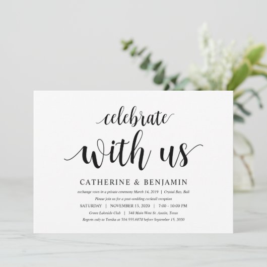 Moderne Rustic, Zwarte Script, Trouw Elopement Kaart (Staand voorkant)