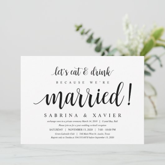 Moderne Rustic, Zwarte Script, Trouw Elopement Kaart (Staand voorkant)