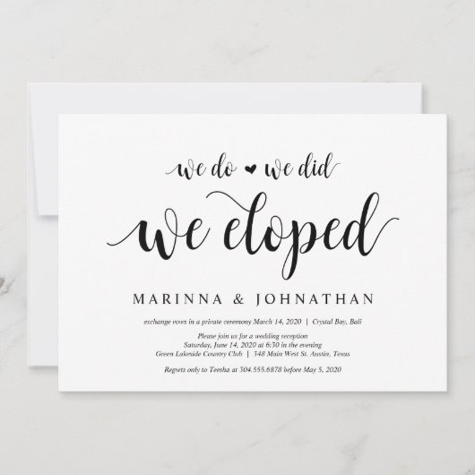 Moderne Rustic, Zwarte script, Trouw Elopement Kaart (Voorkant)
