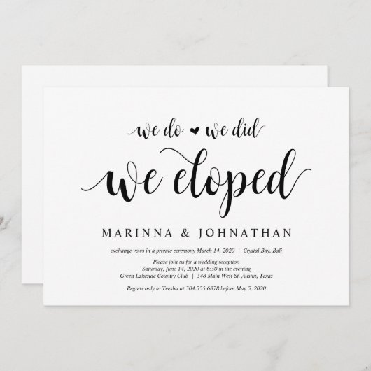 Moderne Rustic, Zwarte script, Trouw Elopement Kaart (Voorkant / Achterkant)