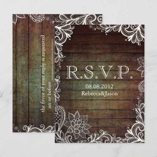 moderne rustieke barnwood kant land bruiloft RSVP Uitnodiging Briefkaart (Voorkant / Achterkant)