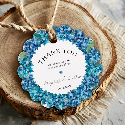 Moderne Rustieke Blauwe Hortensia Bloemen Bruiloft Bedankjes Labels