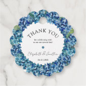 Moderne Rustieke Blauwe Hortensia Bloemen Bruiloft Bedankjes Labels (Voorkant)