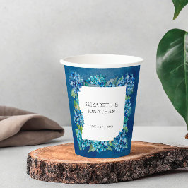 Moderne Rustieke Blauwe Hortensia Bloemen Bruiloft Papieren Bekers