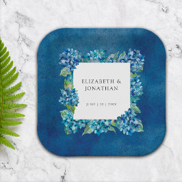 Moderne Rustieke Blauwe Hortensia Bloemen Bruiloft Papieren Bordje