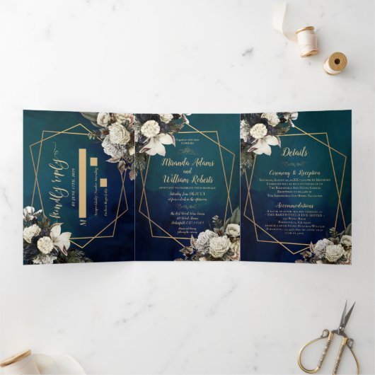 Moderne rustieke Bloemen Waterverf Bruiloft Drieluik Uitnodiging (Binnen)