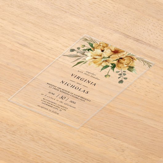 Moderne Rustieke Boho Bloemen Huwelijk Acryl Uitnodigingen (Laagn)