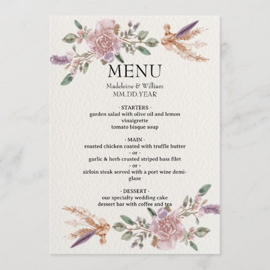 Moderne rustieke Boho Elegante bruiloft Menu (Voorkant)
