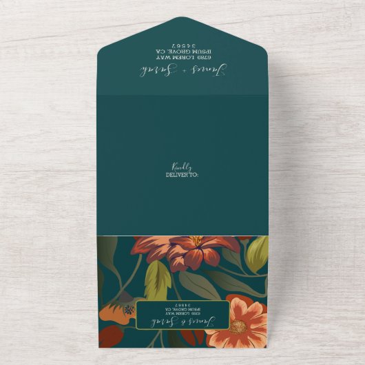 Moderne rustieke boho Floral Fall bruiloft Custom All In One Uitnodiging (Buitenkant)