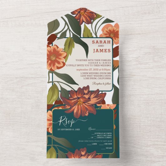 Moderne rustieke boho Floral Fall bruiloft Custom All In One Uitnodiging (Binnen)